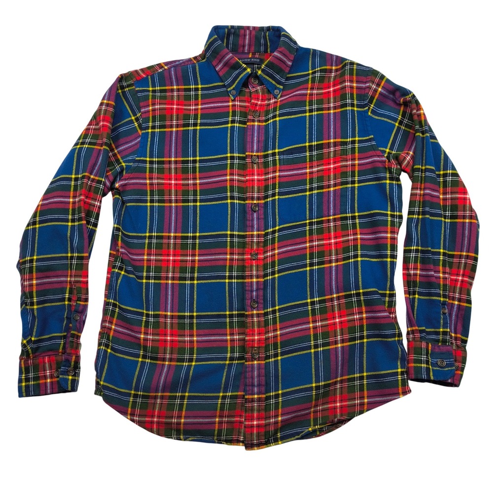 Lands End Men Traditional Fit Plaid Flannel Shirt Blue Red Yellow Medium 15-15.5
